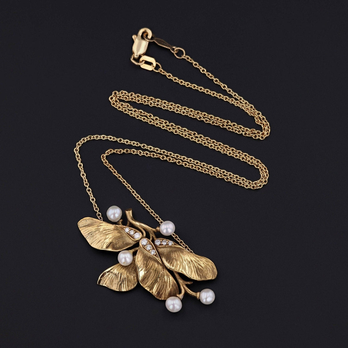Maple Seed Necklace | 14k Gold, Pearl &amp; Diamond Necklace - Trademark Antiques