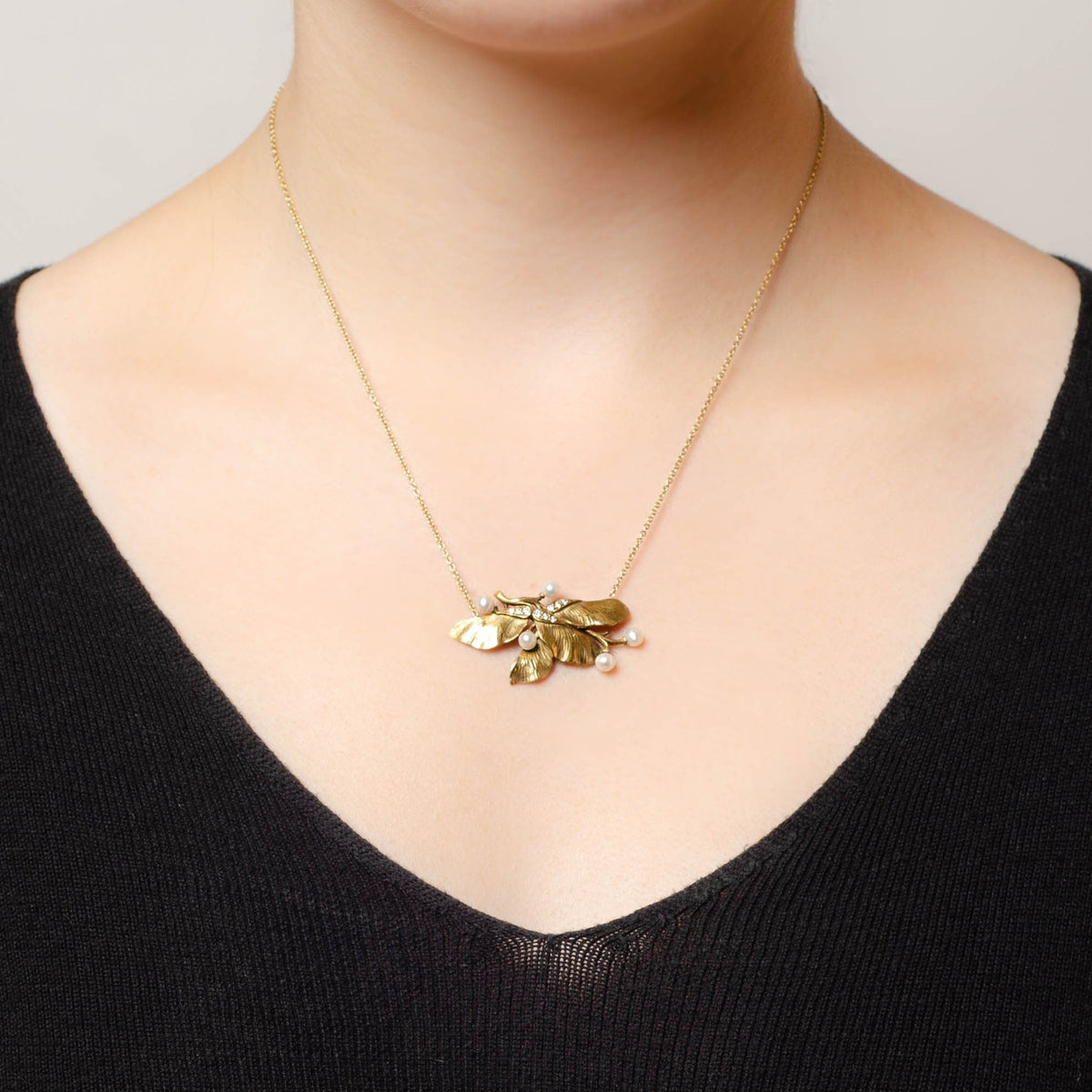 Maple Seed Necklace | 14k Gold, Pearl &amp; Diamond Necklace - Trademark Antiques