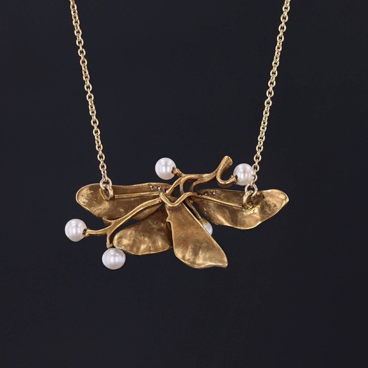 Maple Seed Necklace | 14k Gold, Pearl &amp; Diamond Necklace - Trademark Antiques