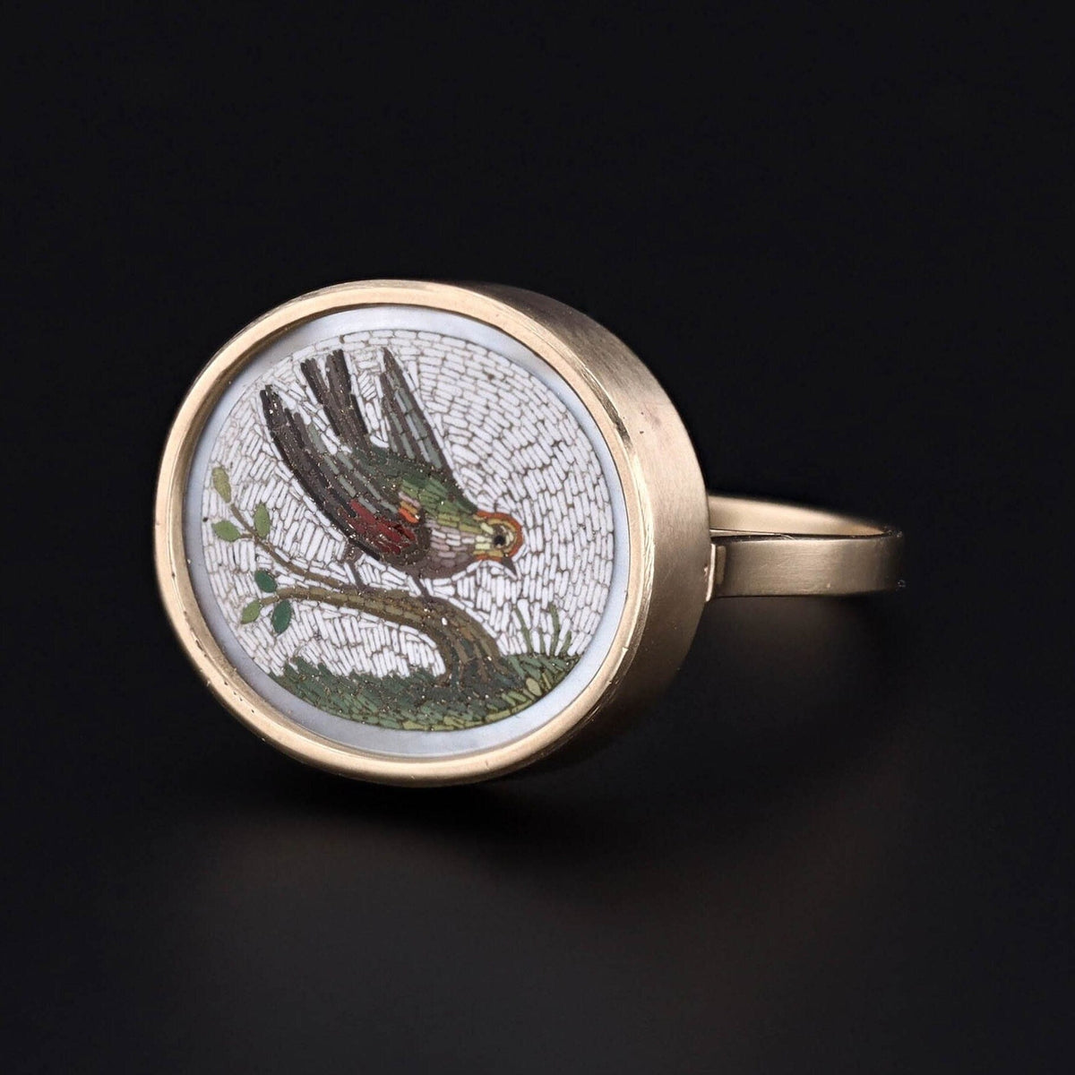 Micromosaic Bird Ring in 14k Gold Converted from an Antique Pin - Trademark Antiques