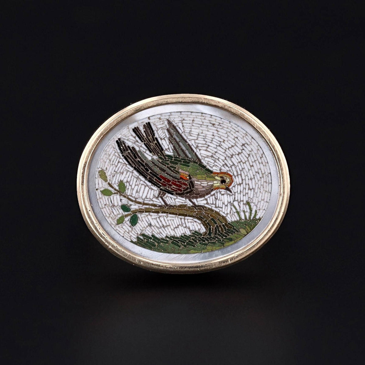 Micromosaic Bird Ring in 14k Gold Converted from an Antique Pin - Trademark Antiques