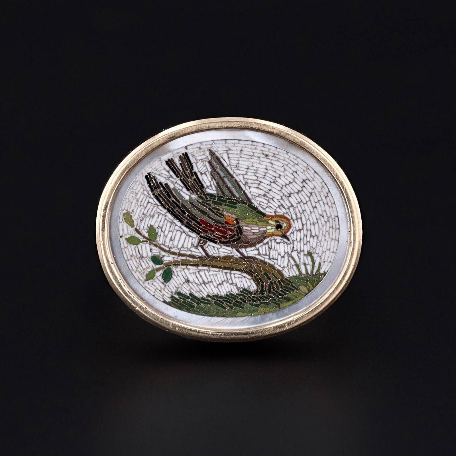 Micromosaic Bird Ring in 14k Gold Converted from an Antique Pin - Trademark Antiques