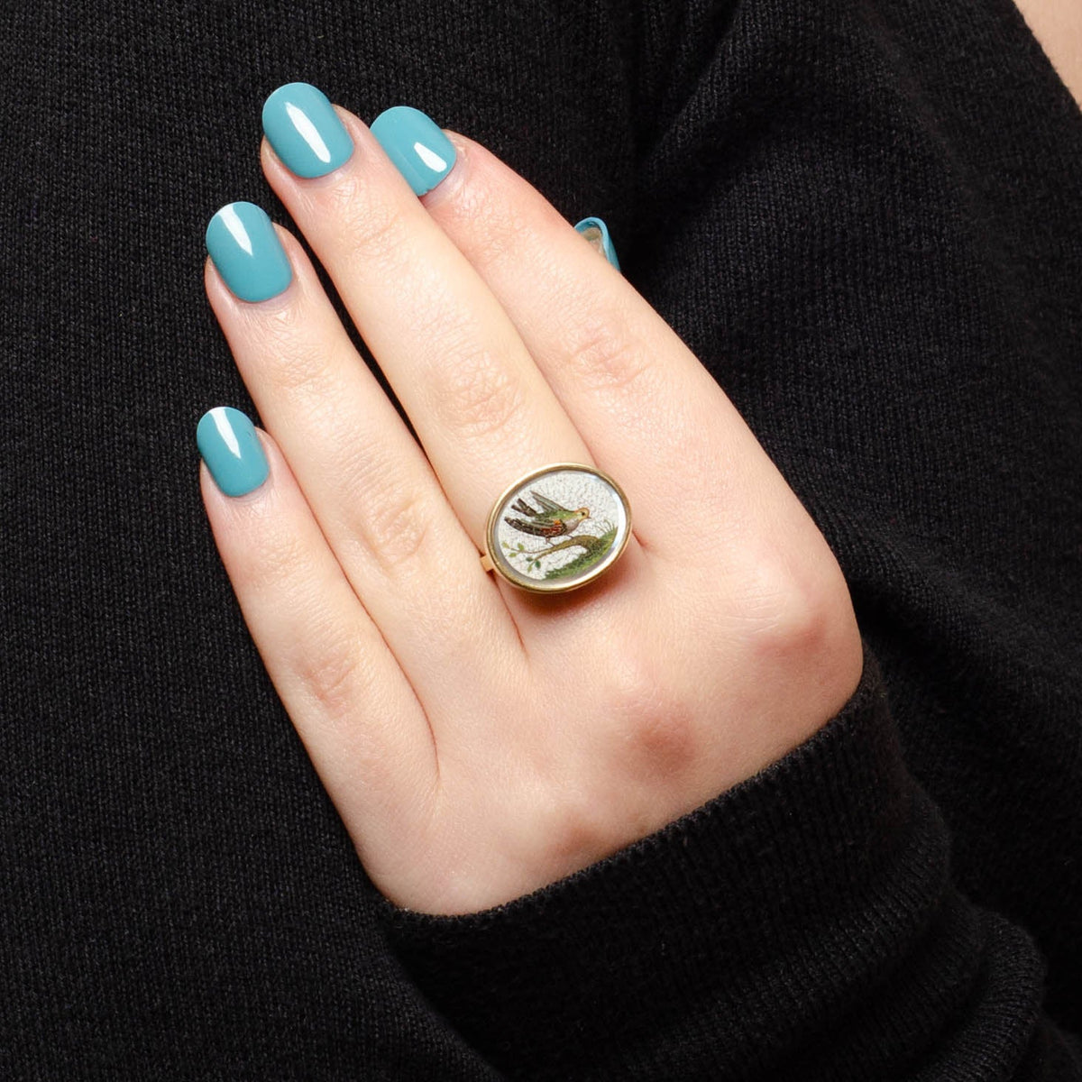Micromosaic Bird Ring in 14k Gold Converted from an Antique Pin - Trademark Antiques