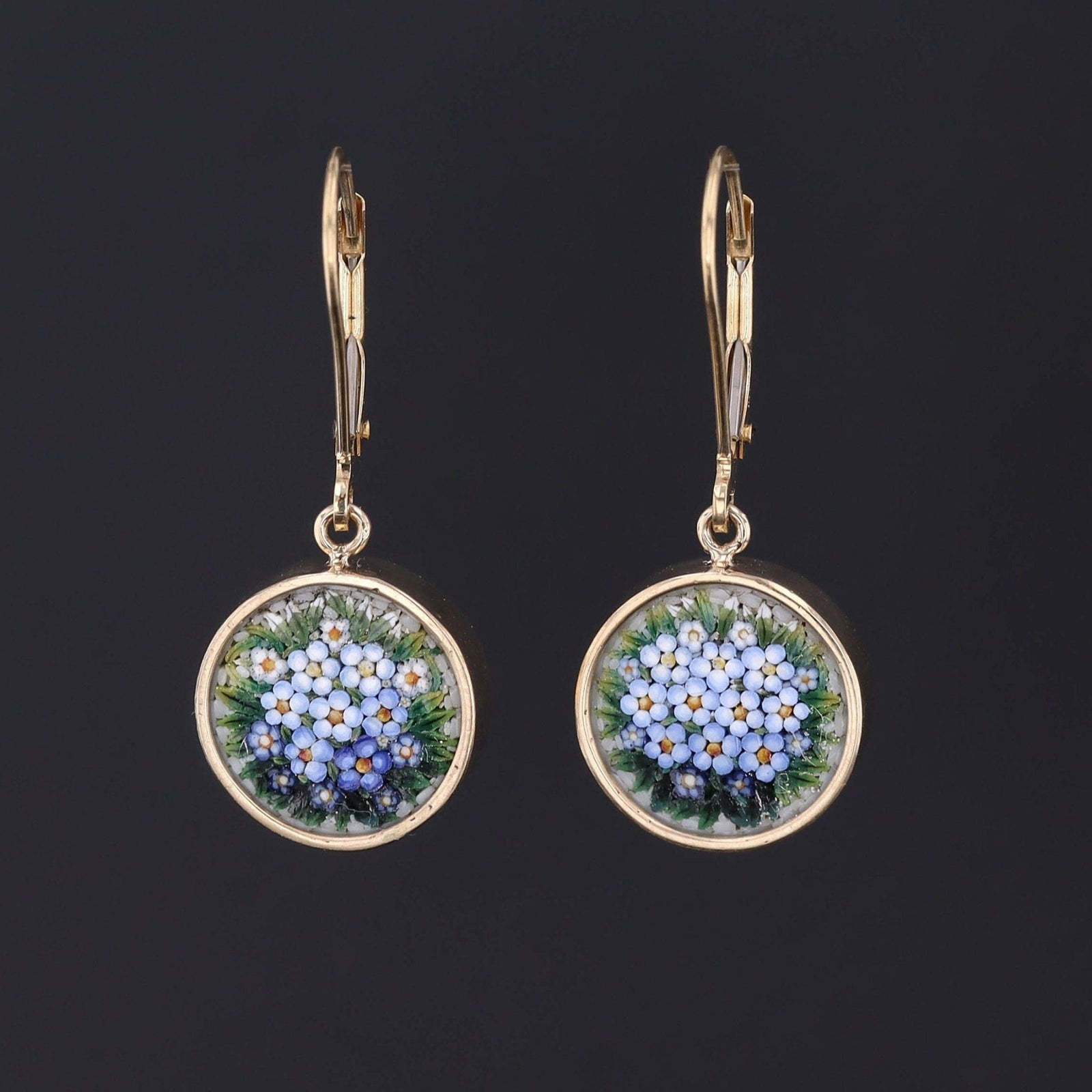 Micromosaic Earrings | Micromosaic Forget - me - Not Flower Earrings - Trademark Antiques