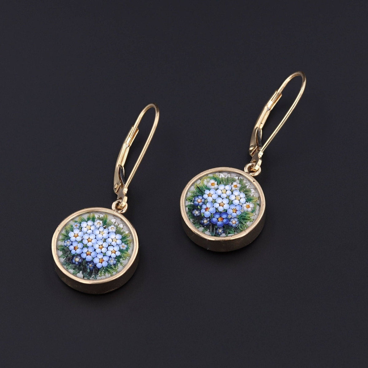 Micromosaic Earrings | Micromosaic Forget - me - Not Flower Earrings - Trademark Antiques