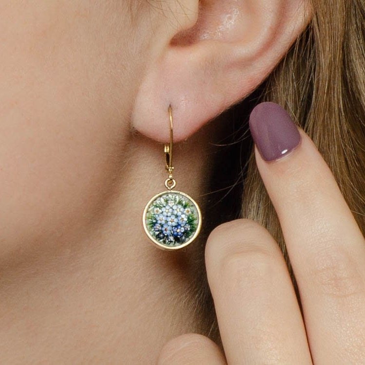 Micromosaic Earrings | Micromosaic Forget - me - Not Flower Earrings - Trademark Antiques