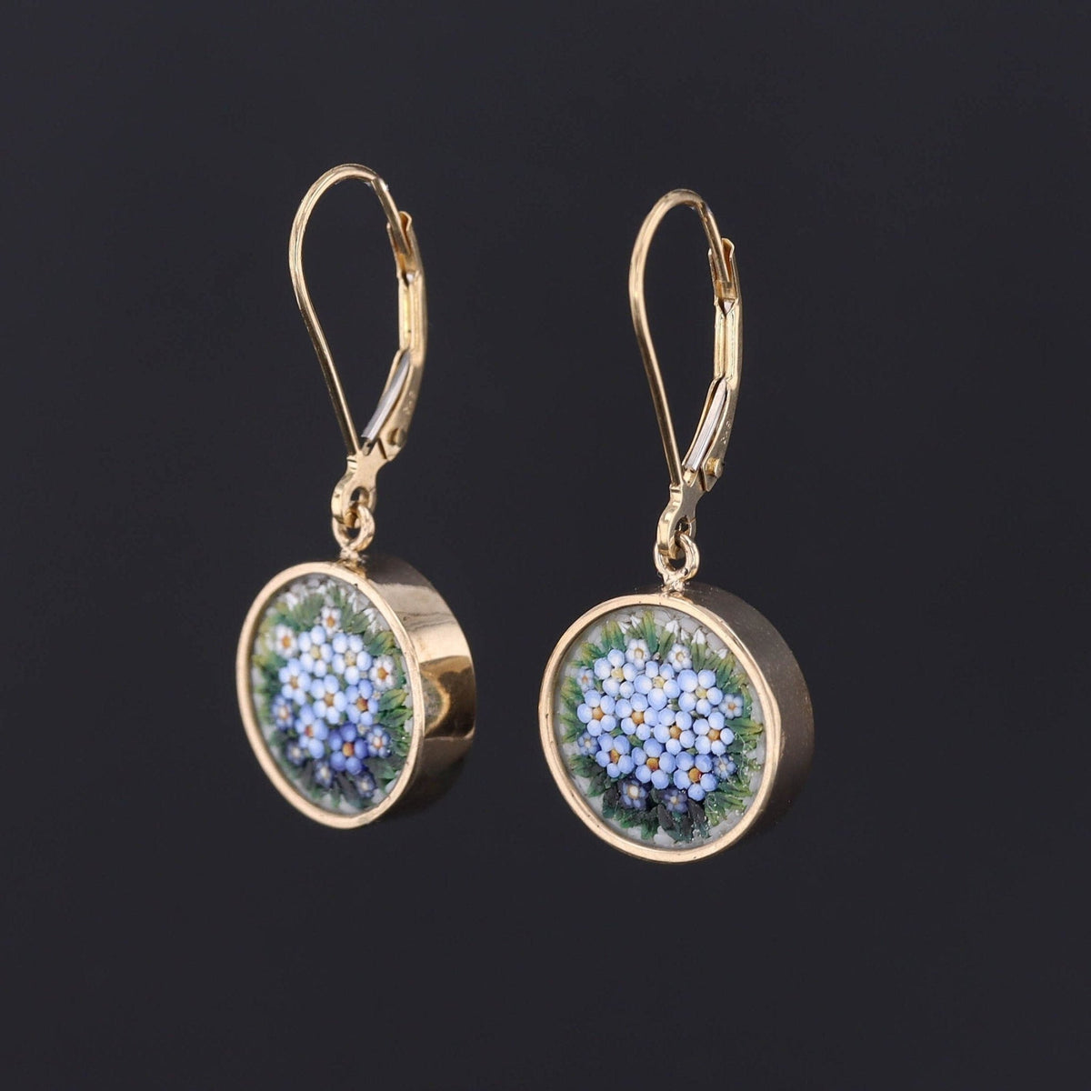 Micromosaic Earrings | Micromosaic Forget - me - Not Flower Earrings - Trademark Antiques