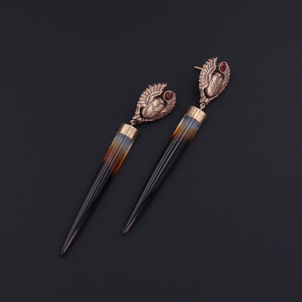 Montana Agate and Garnet Scarab Earrings of 14k Gold - Trademark Antiques