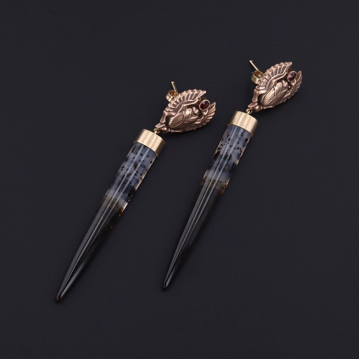 Montana Agate and Garnet Scarab Earrings of 14k Gold - Trademark Antiques