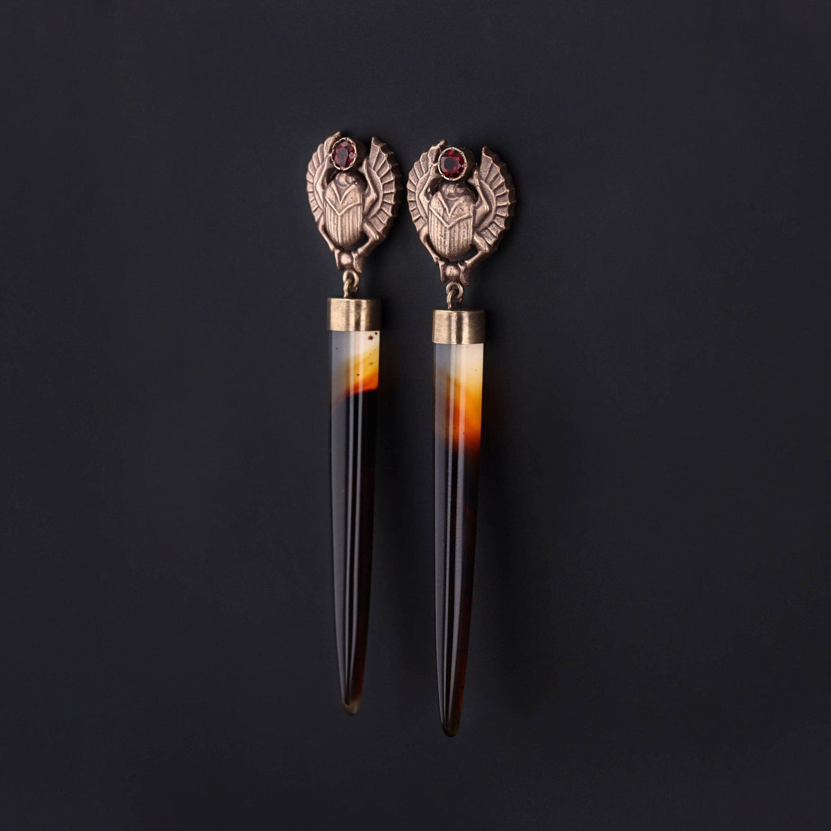 Montana Agate and Garnet Scarab Earrings of 14k Gold - Trademark Antiques