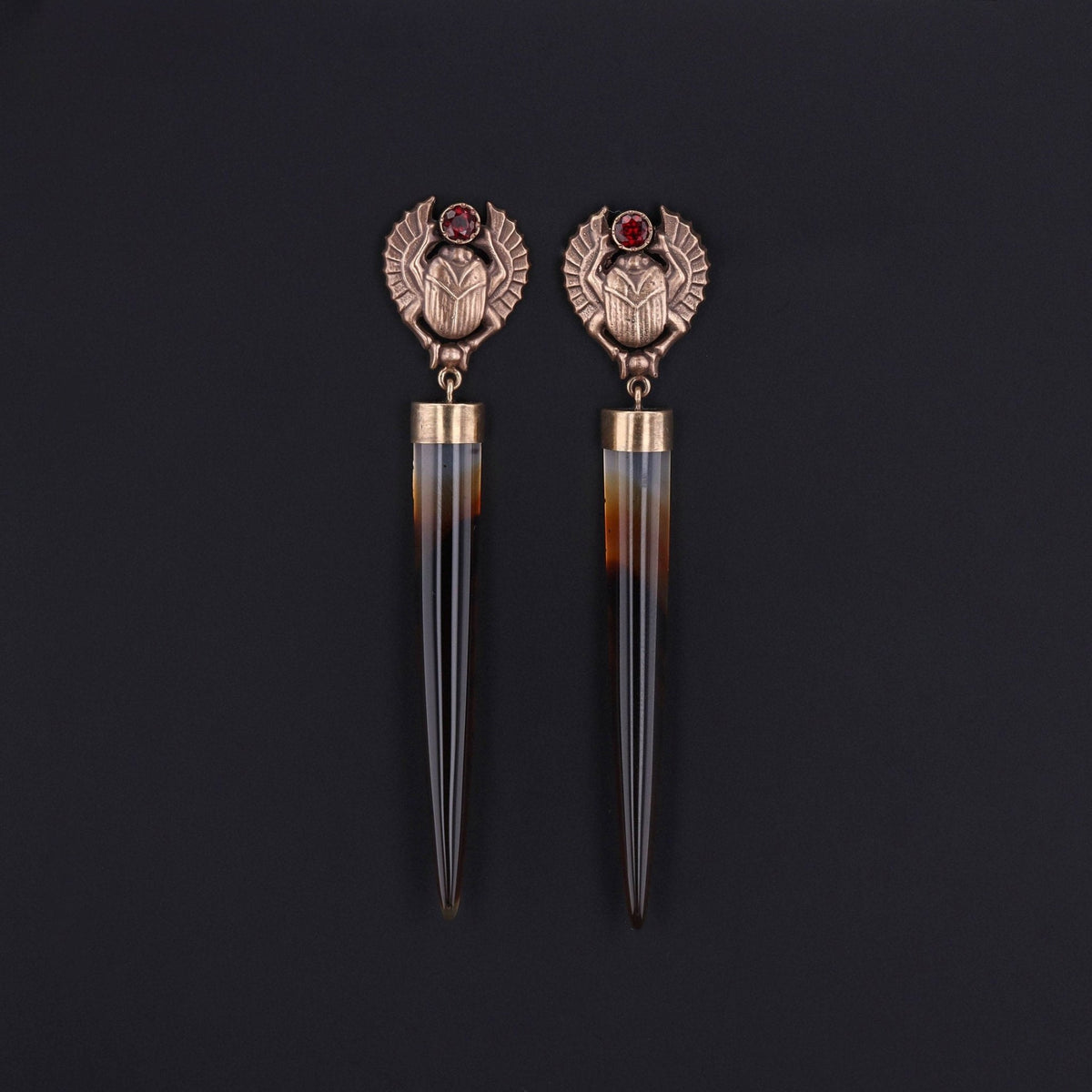 Montana Agate and Garnet Scarab Earrings of 14k Gold - Trademark Antiques