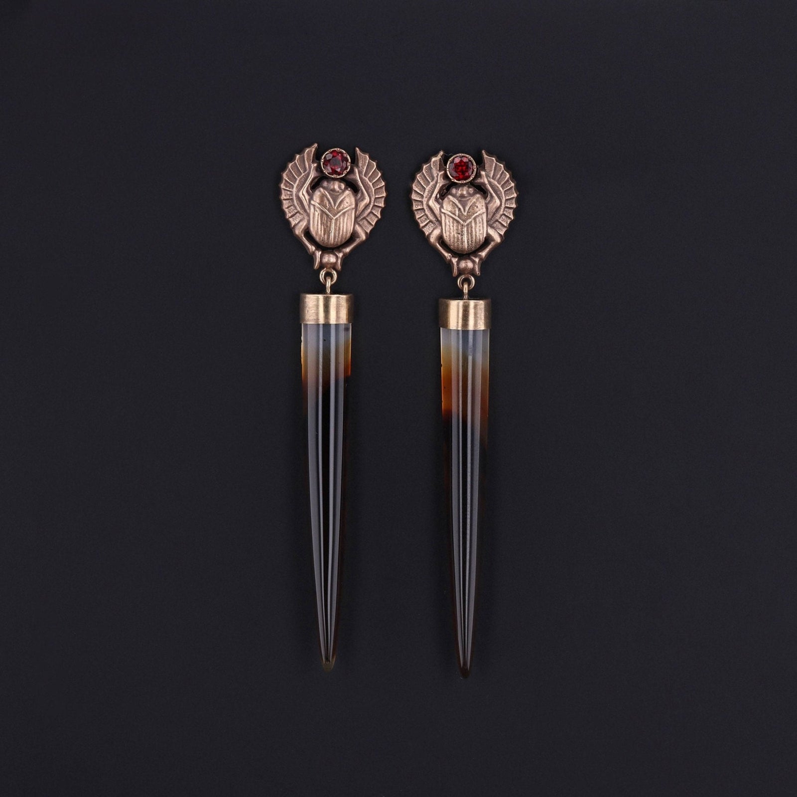 Montana Agate and Garnet Scarab Earrings of 14k Gold - Trademark Antiques