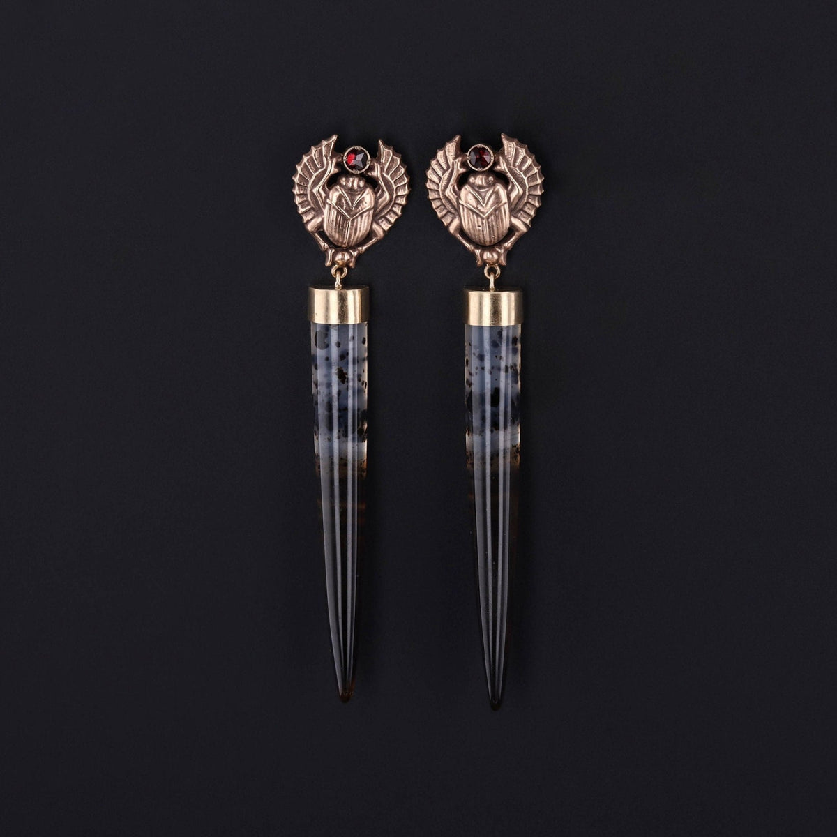 Montana Agate and Garnet Scarab Earrings of 14k Gold - Trademark Antiques