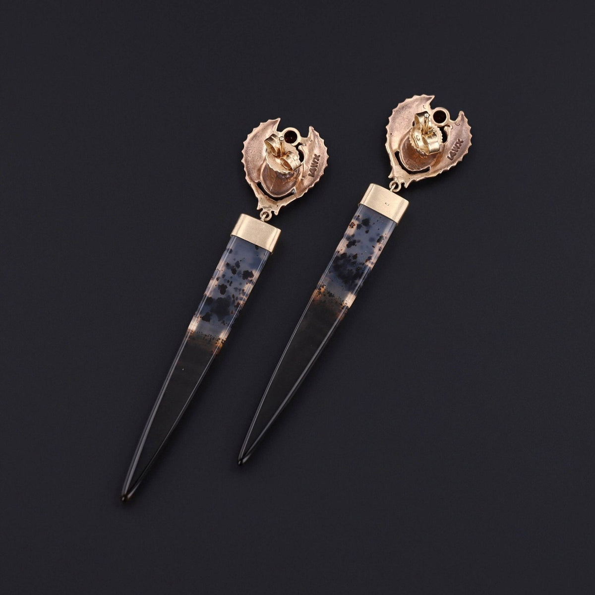 Montana Agate and Garnet Scarab Earrings of 14k Gold - Trademark Antiques