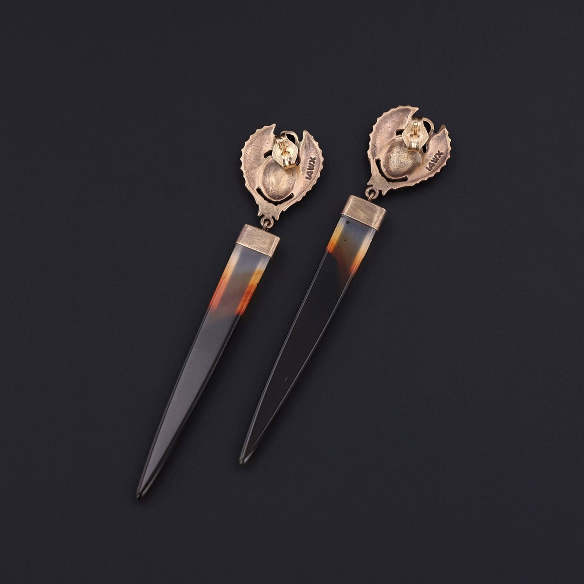 Montana Agate and Garnet Scarab Earrings of 14k Gold - Trademark Antiques