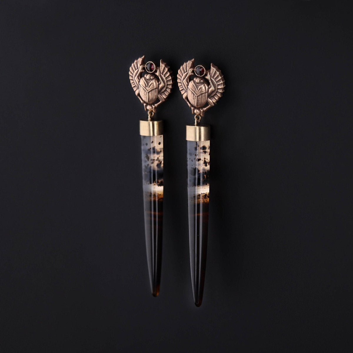 Montana Agate and Garnet Scarab Earrings of 14k Gold - Trademark Antiques