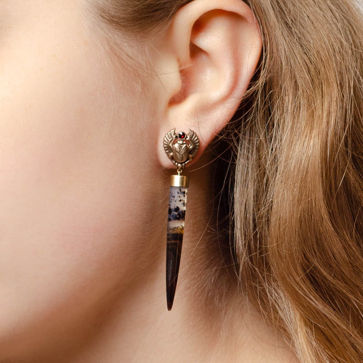 Montana Agate and Garnet Scarab Earrings of 14k Gold - Trademark Antiques