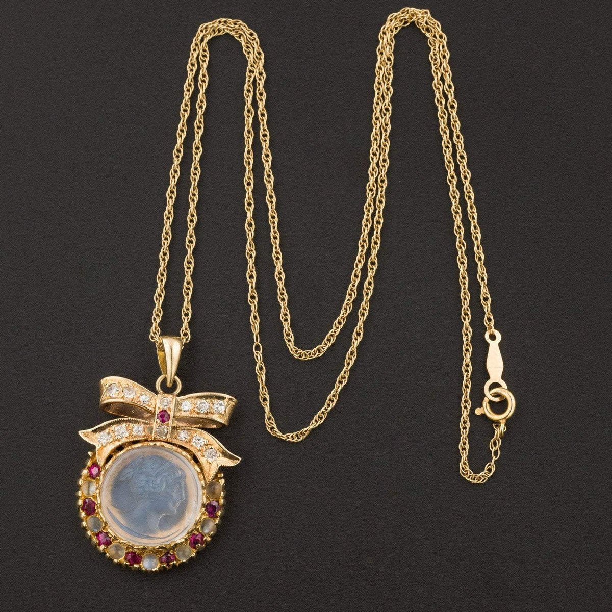 Moonstone Cameo Necklace | Moonstone Diamond &amp; Ruby Pendant Necklace - Trademark Antiques