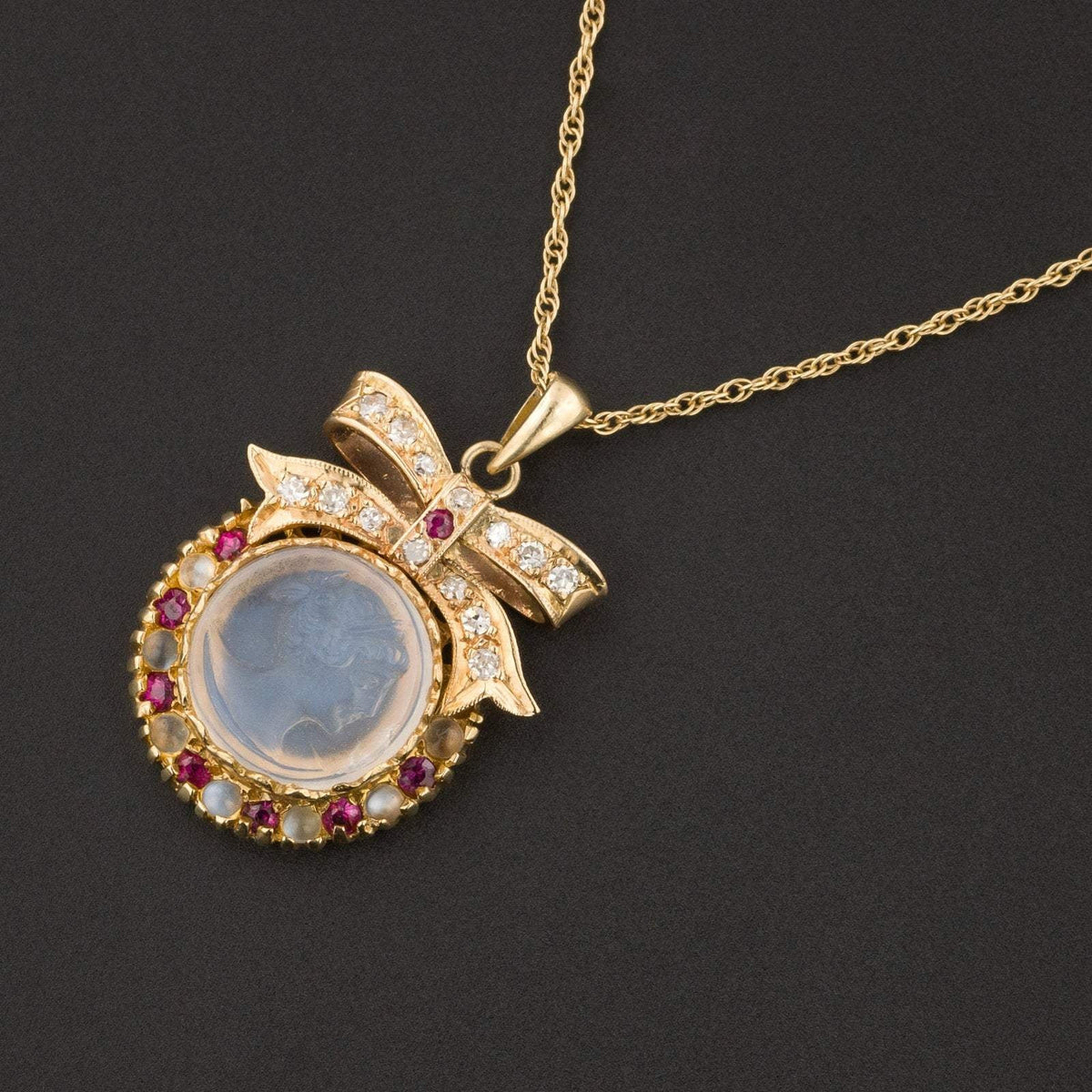 Moonstone Cameo Necklace | Moonstone Diamond &amp; Ruby Pendant Necklace - Trademark Antiques