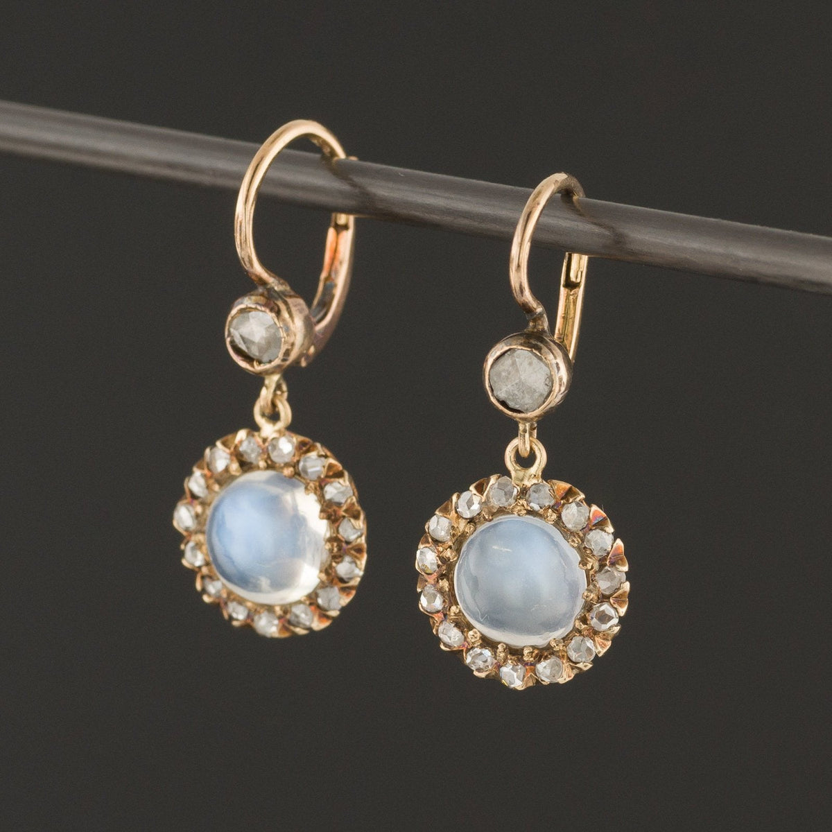 Moonstone &amp; Diamond Earrings | 14k Gold Earrings - Trademark Antiques