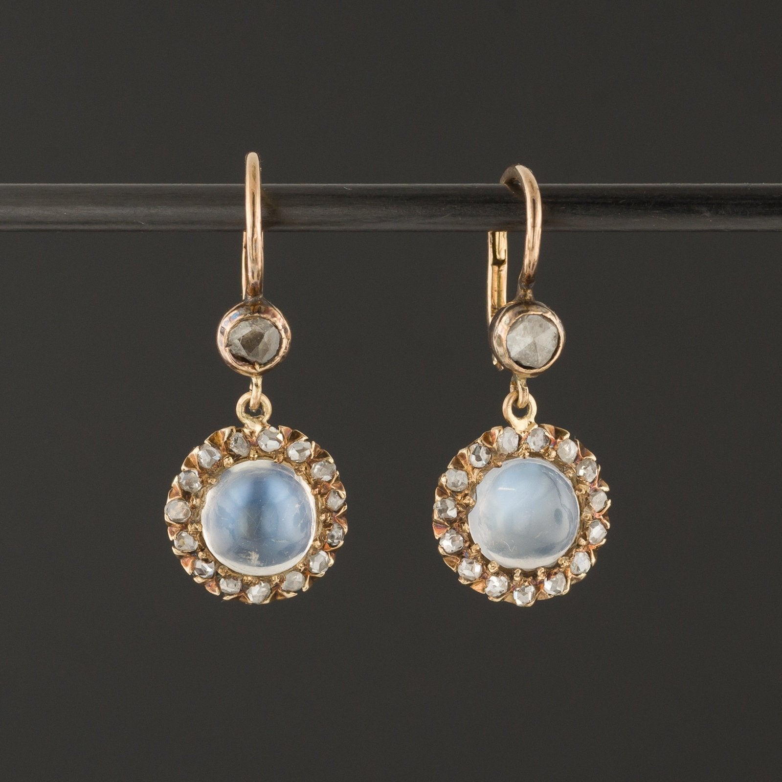 Moonstone & Diamond Earrings | 14k Gold Earrings - Trademark Antiques