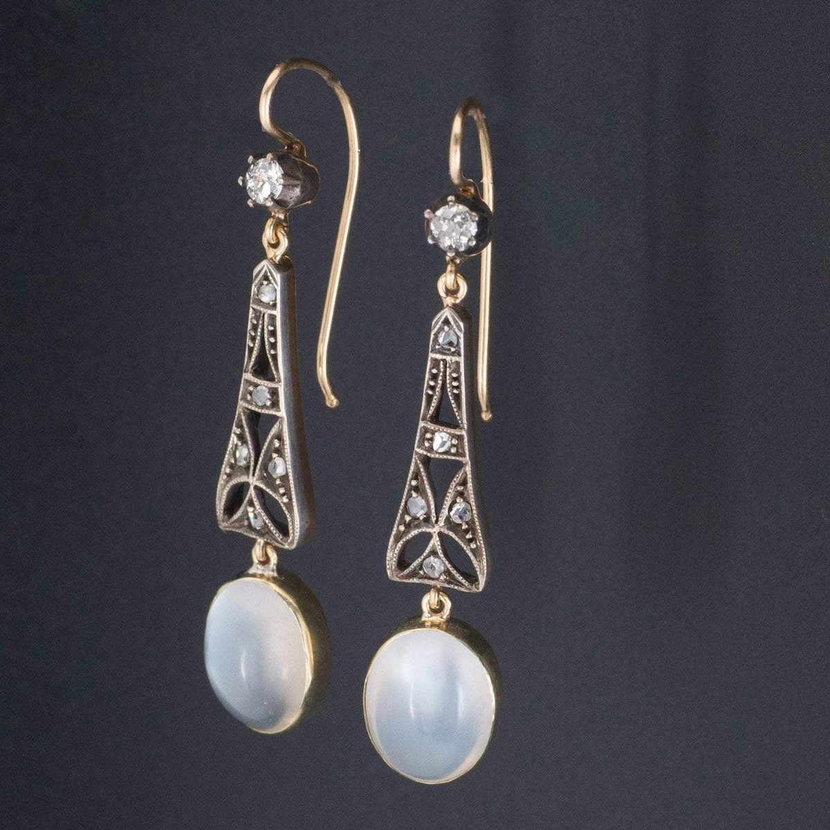 Moonstone &amp; Diamond Earrings | 14k Gold Silver and Moonstone Earrings - Trademark Antiques