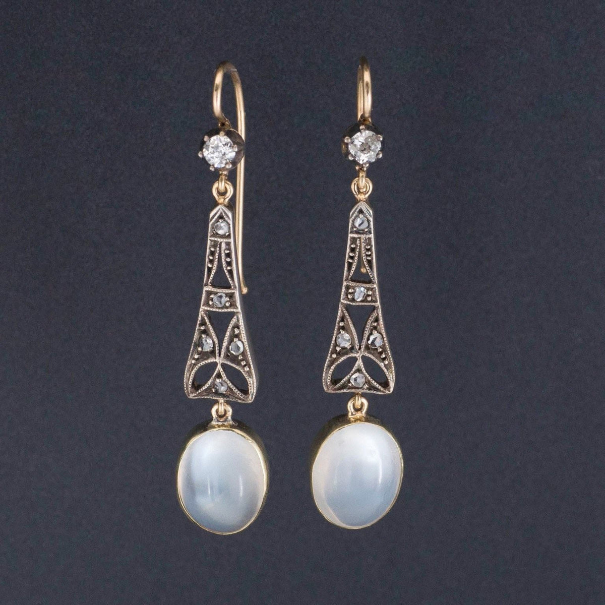 Moonstone &amp; Diamond Earrings | 14k Gold Silver and Moonstone Earrings - Trademark Antiques