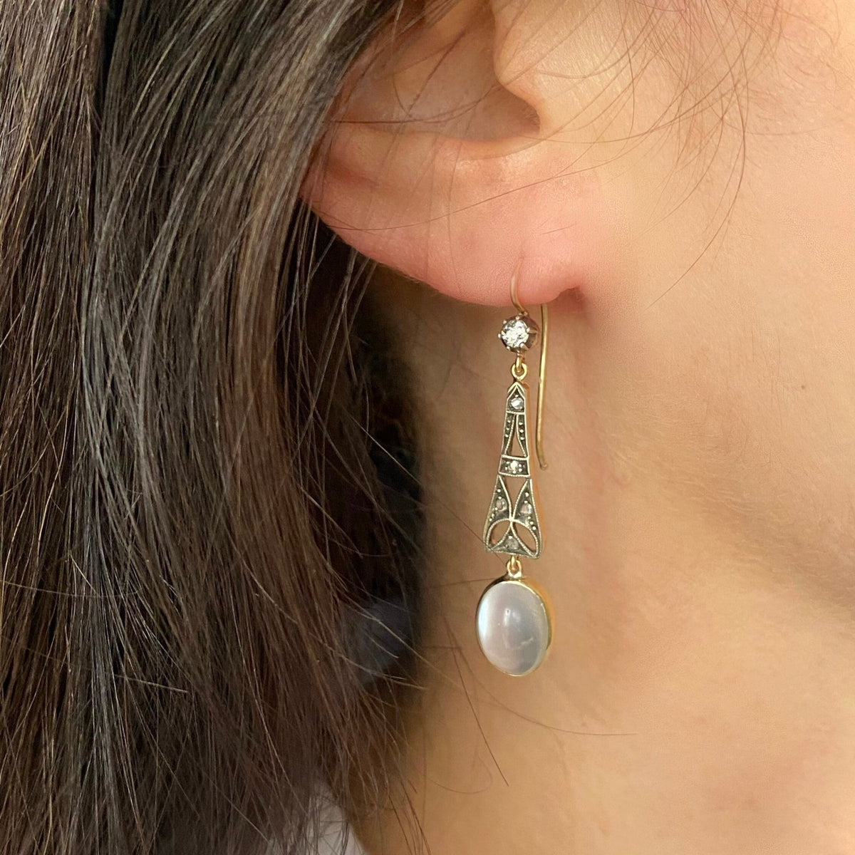 Moonstone &amp; Diamond Earrings | 14k Gold Silver and Moonstone Earrings - Trademark Antiques