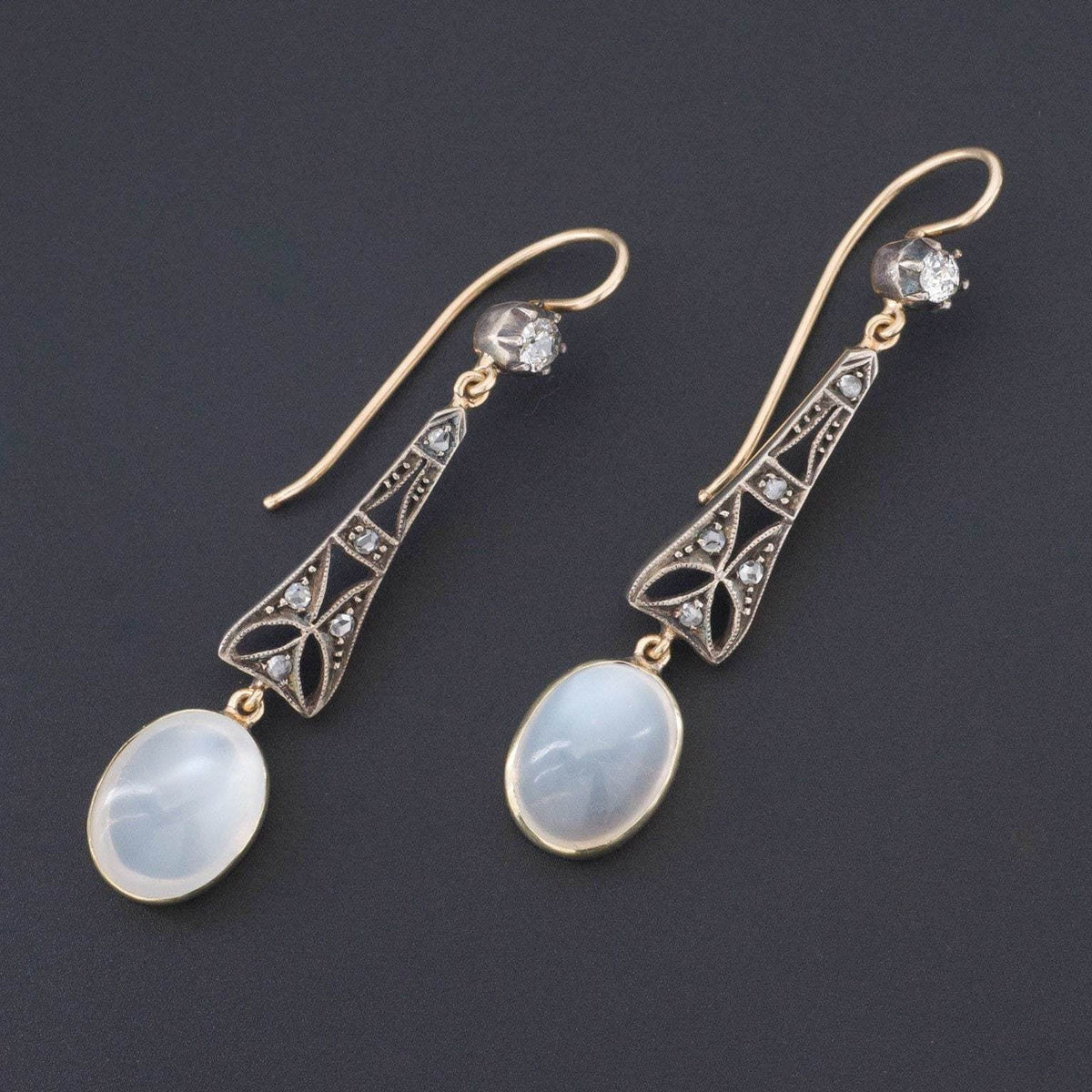 Moonstone &amp; Diamond Earrings | 14k Gold Silver and Moonstone Earrings - Trademark Antiques