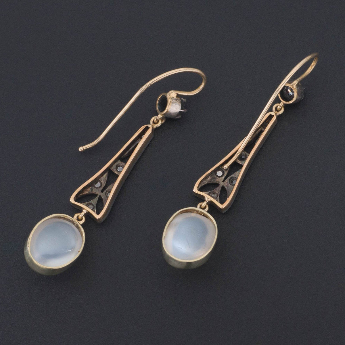 Moonstone &amp; Diamond Earrings | 14k Gold Silver and Moonstone Earrings - Trademark Antiques