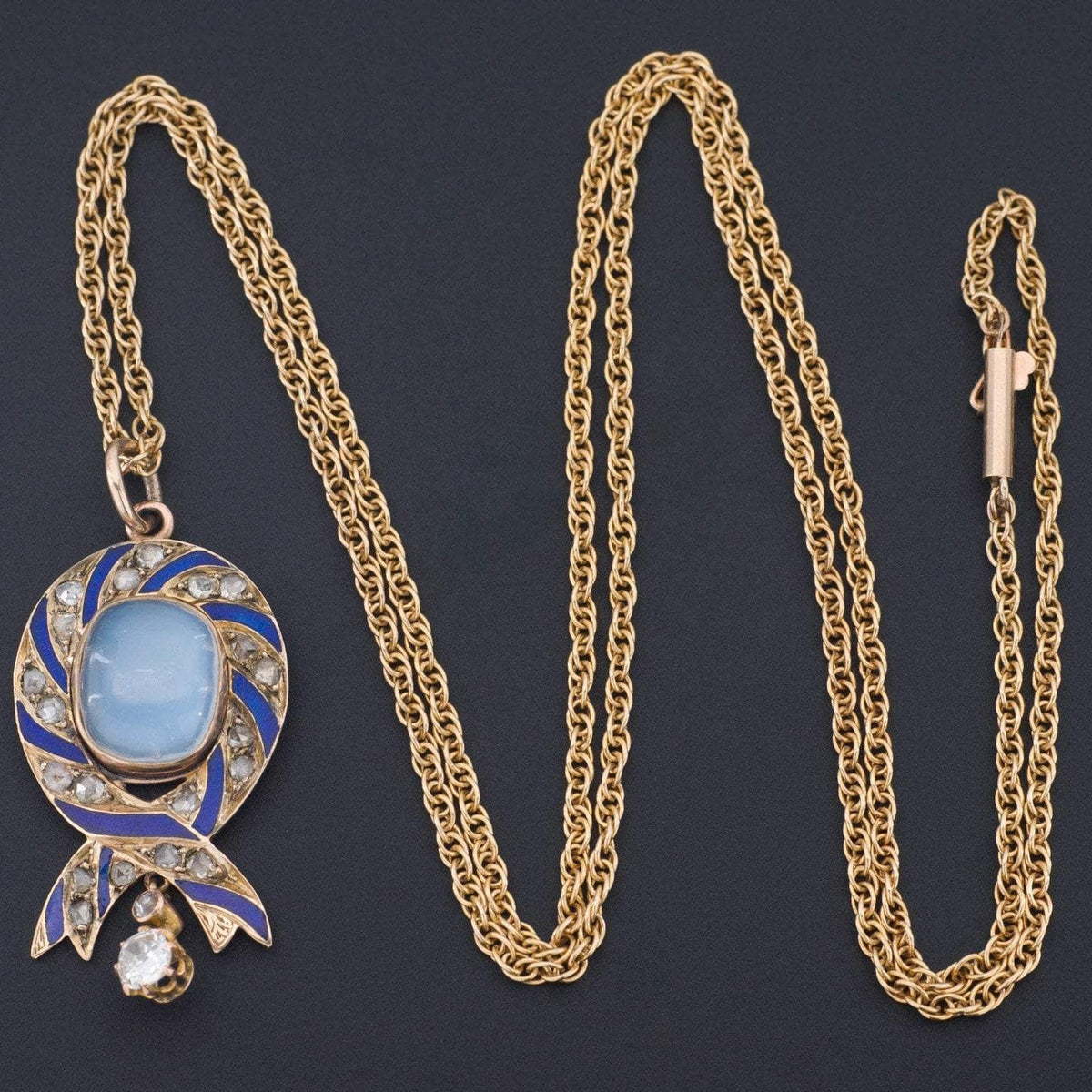 Moonstone Diamond &amp; Enamel Necklace | Antique Brooch Conversion Necklace - Trademark Antiques