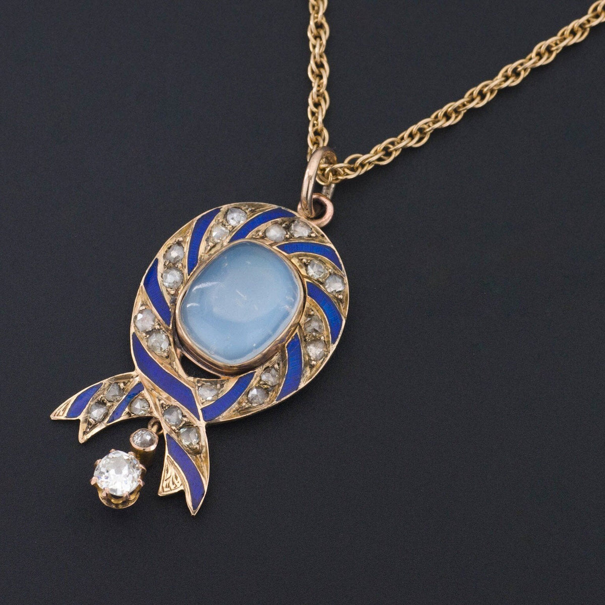 Moonstone Diamond &amp; Enamel Necklace | Antique Brooch Conversion Necklace - Trademark Antiques