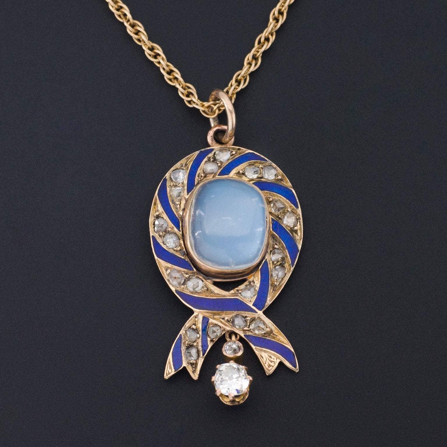 Moonstone Diamond & Enamel Necklace | Antique Brooch Conversion Necklace - Trademark Antiques