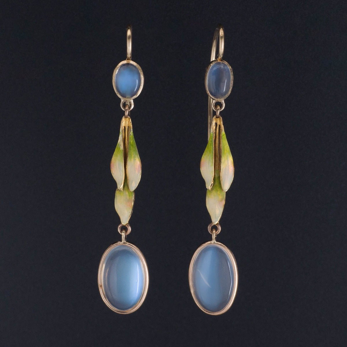 Moonstone &amp; Enamel Earrings | 14k Gold Moonstone Earrings - Trademark Antiques
