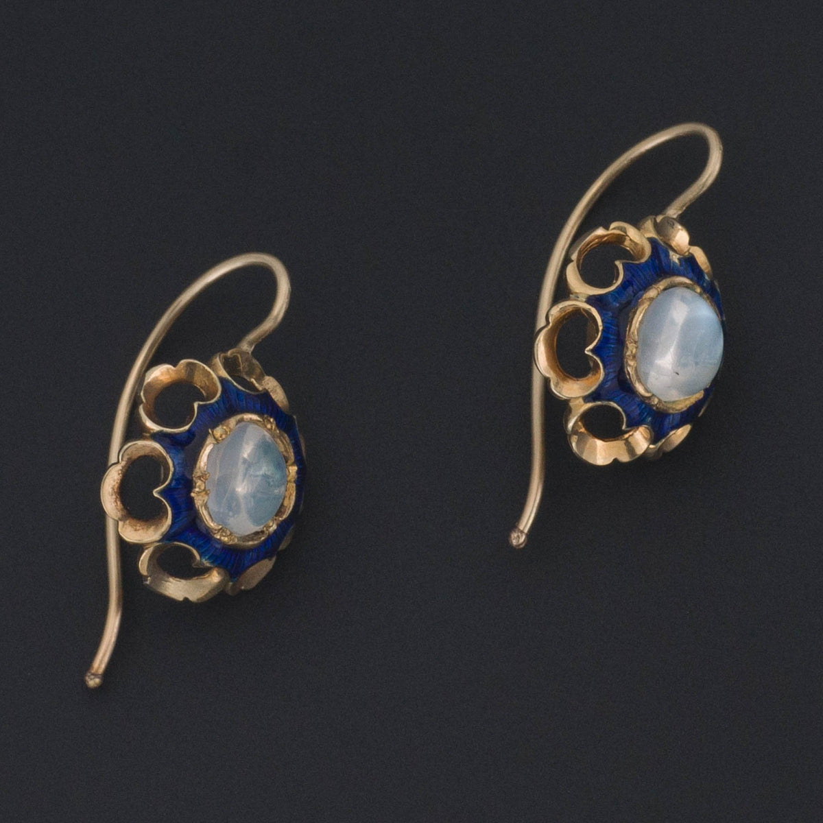 Moonstone &amp; Enamel Earrings | 14k Gold Moonstone Earrings - Trademark Antiques