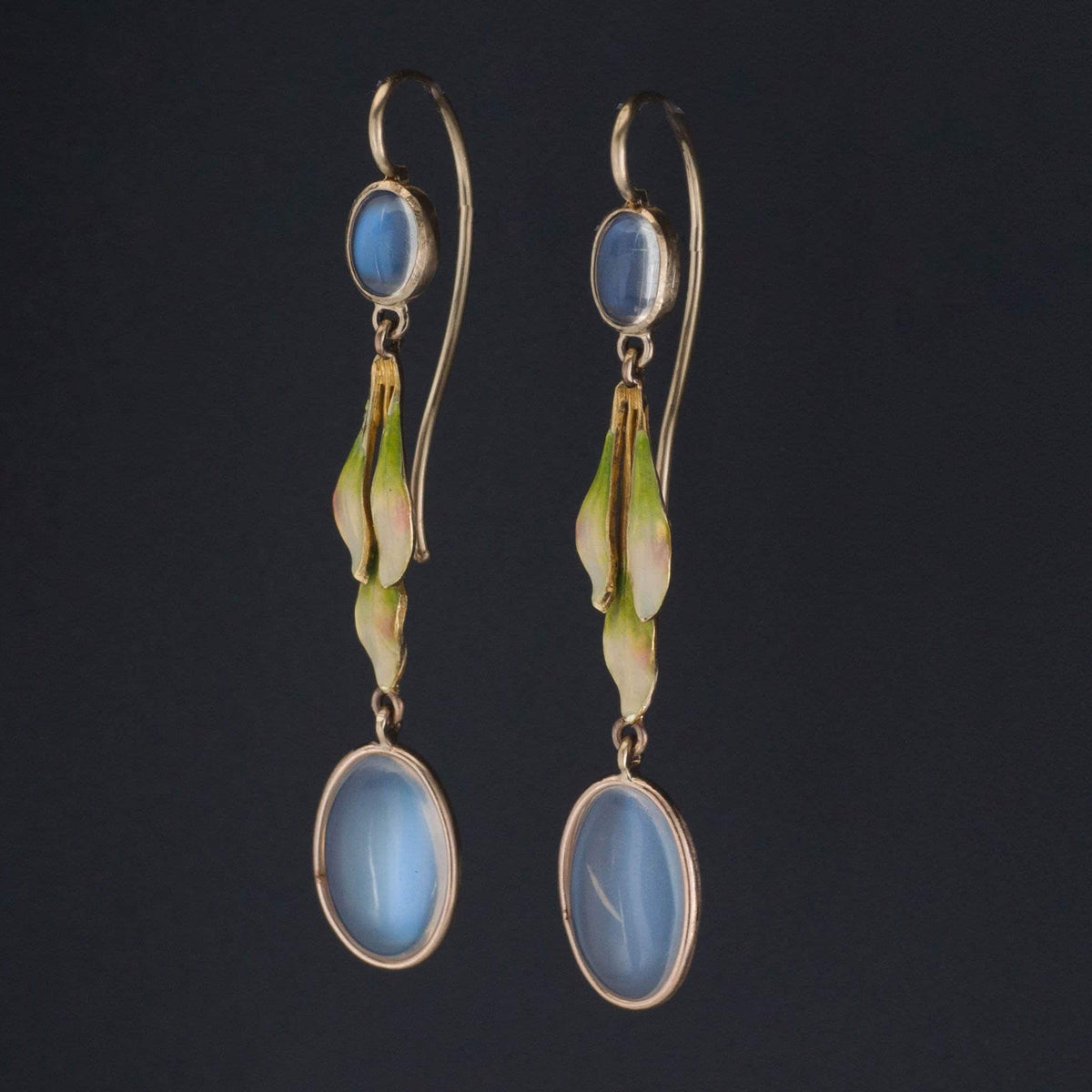 Moonstone &amp; Enamel Earrings | 14k Gold Moonstone Earrings - Trademark Antiques