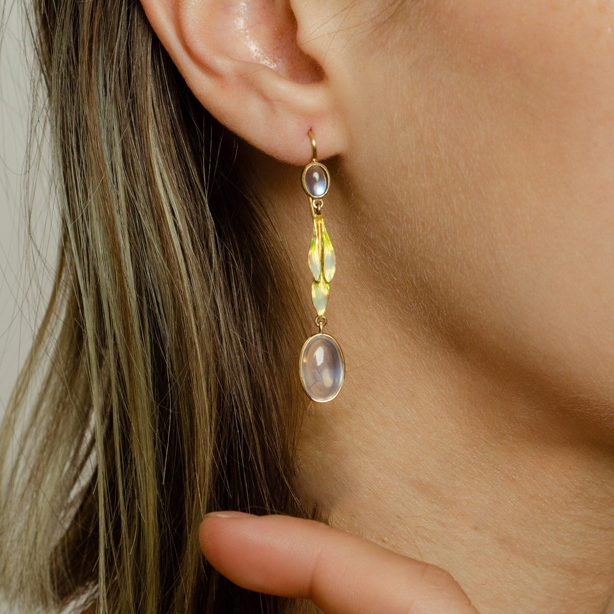 Moonstone &amp; Enamel Earrings | 14k Gold Moonstone Earrings - Trademark Antiques