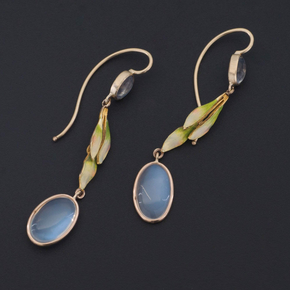 Moonstone &amp; Enamel Earrings | 14k Gold Moonstone Earrings - Trademark Antiques