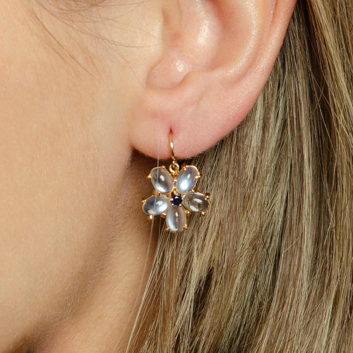 Moonstone Flower With Sapphire Earrings | 14k Gold Moonstone Earrings - Trademark Antiques