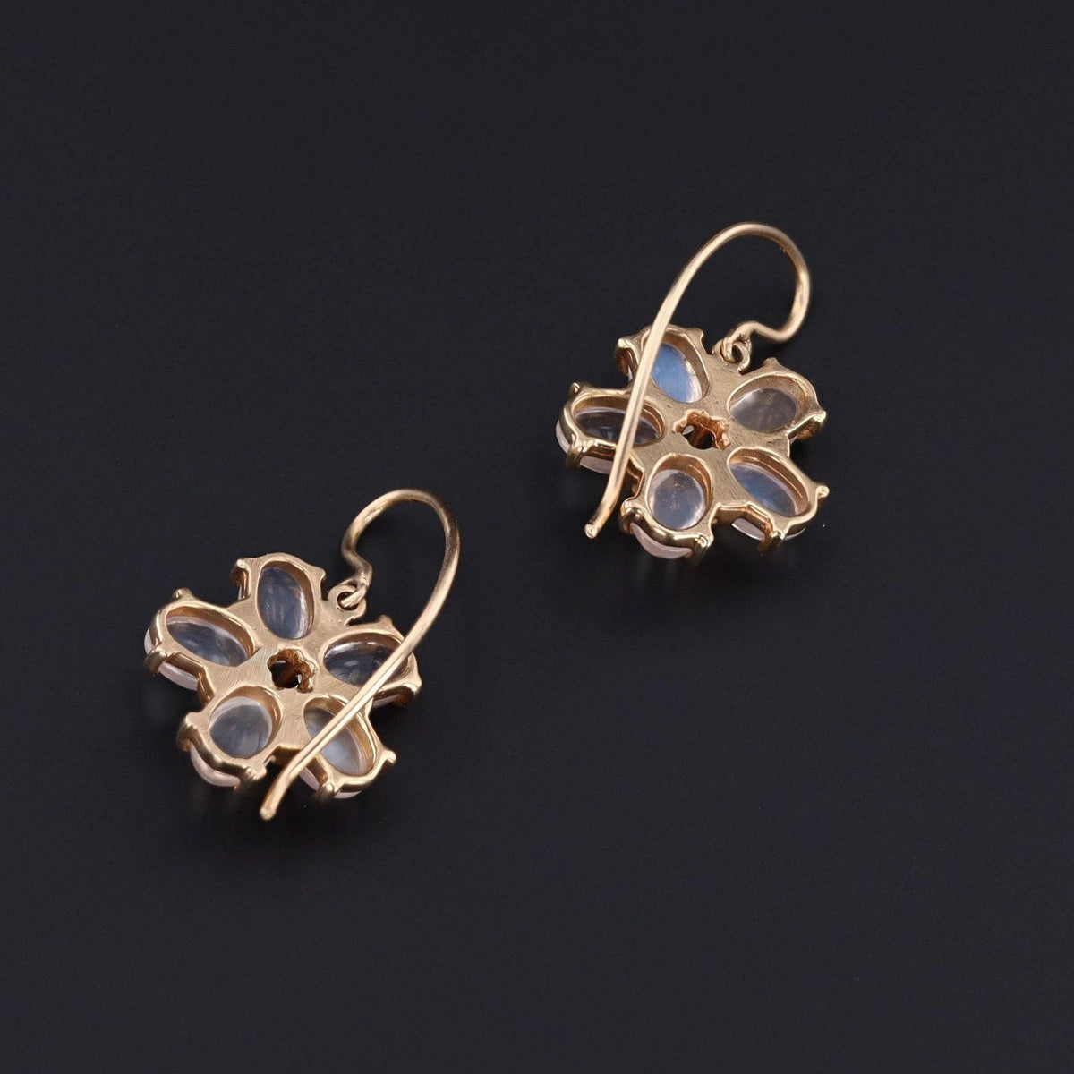 Moonstone Flower With Sapphire Earrings | 14k Gold Moonstone Earrings - Trademark Antiques