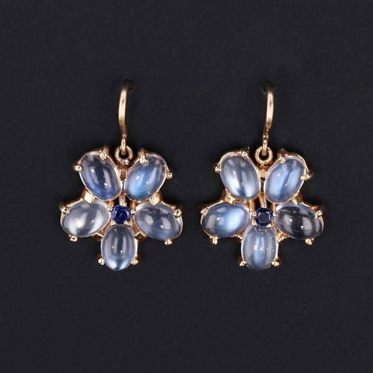 Moonstone Flower With Sapphire Earrings | 14k Gold Moonstone Earrings - Trademark Antiques