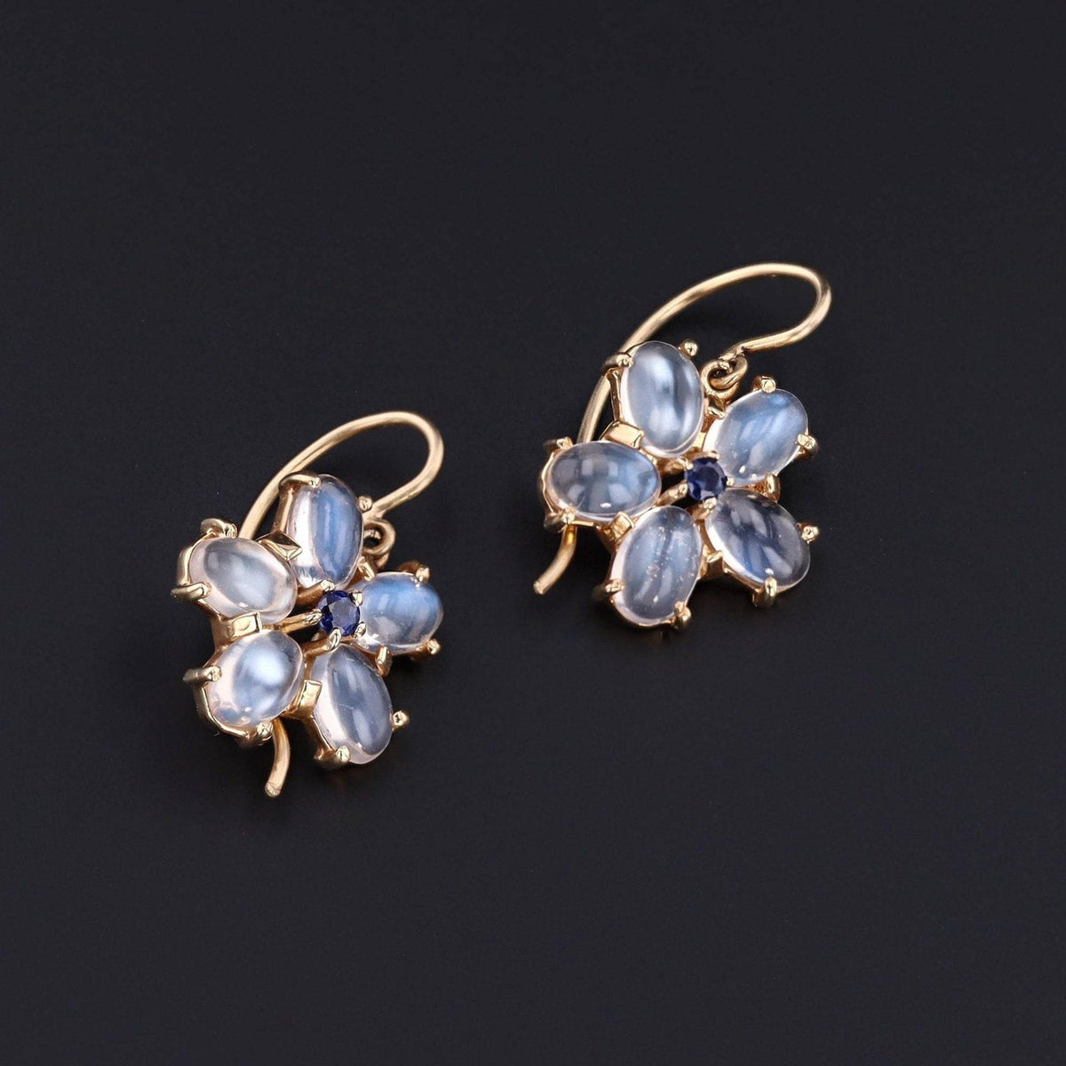 Moonstone Flower With Sapphire Earrings | 14k Gold Moonstone Earrings - Trademark Antiques