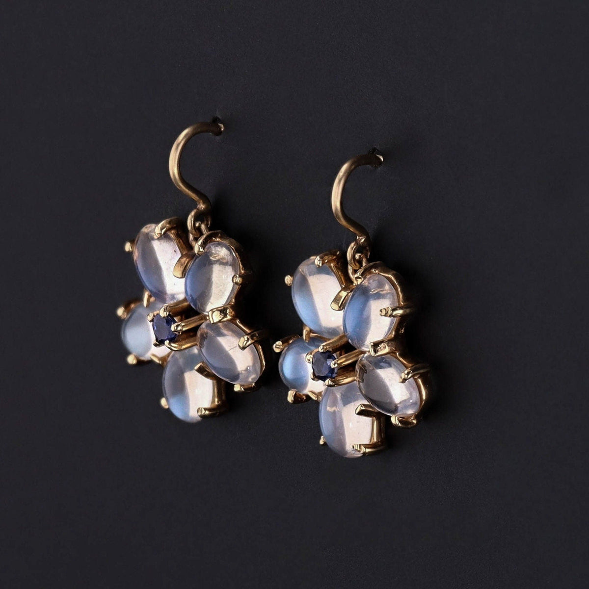 Moonstone Flower With Sapphire Earrings | 14k Gold Moonstone Earrings - Trademark Antiques
