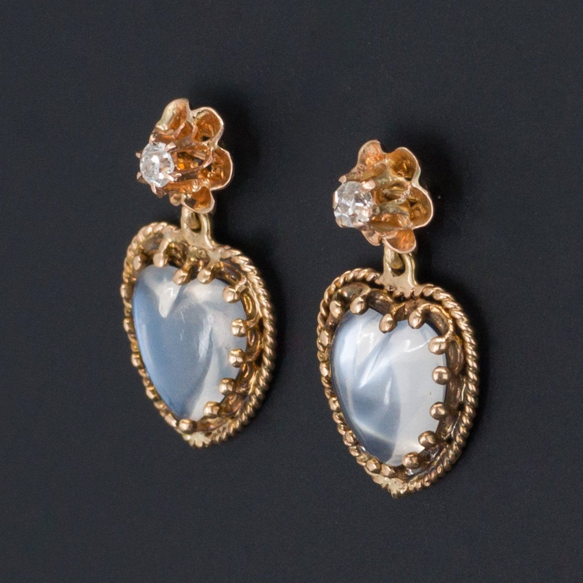 Moonstone Heart Earrings | Moonstone &amp; Diamond Earrings - Trademark Antiques