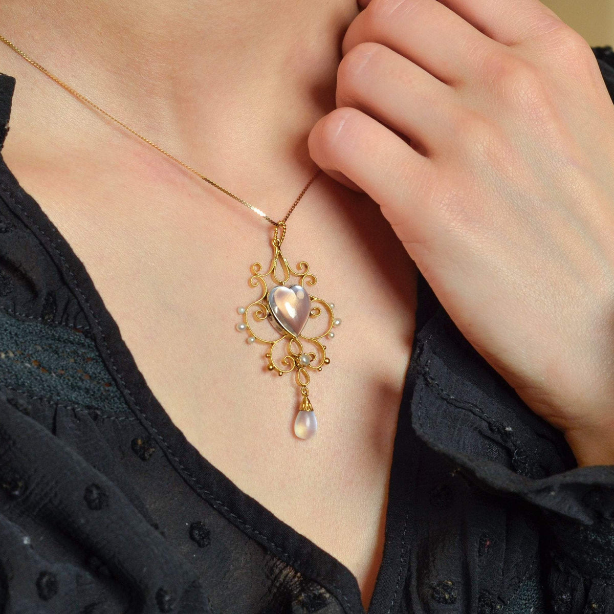 Moonstone Heart Pendant | 14k Gold Pendant on Optional 14k Chain - Trademark Antiques