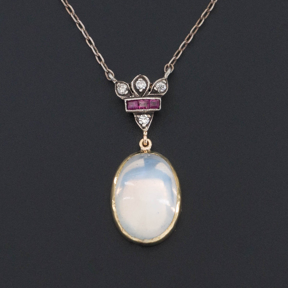 Moonstone Necklace | Moonstone Diamond and Ruby Necklace - Trademark Antiques