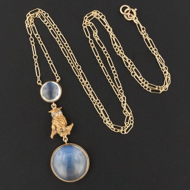 Moonstone Owl Necklace | Antique Conversion Necklace - Trademark Antiques