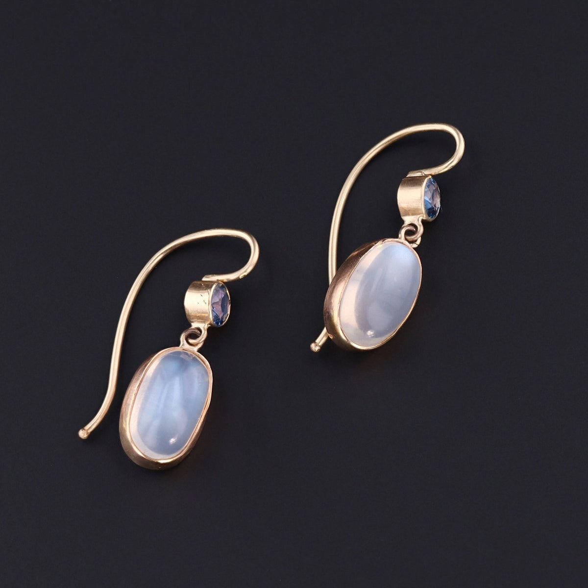 Moonstone &amp; Sapphire Earrings | 14k Gold Moonstone Earrings - Trademark Antiques