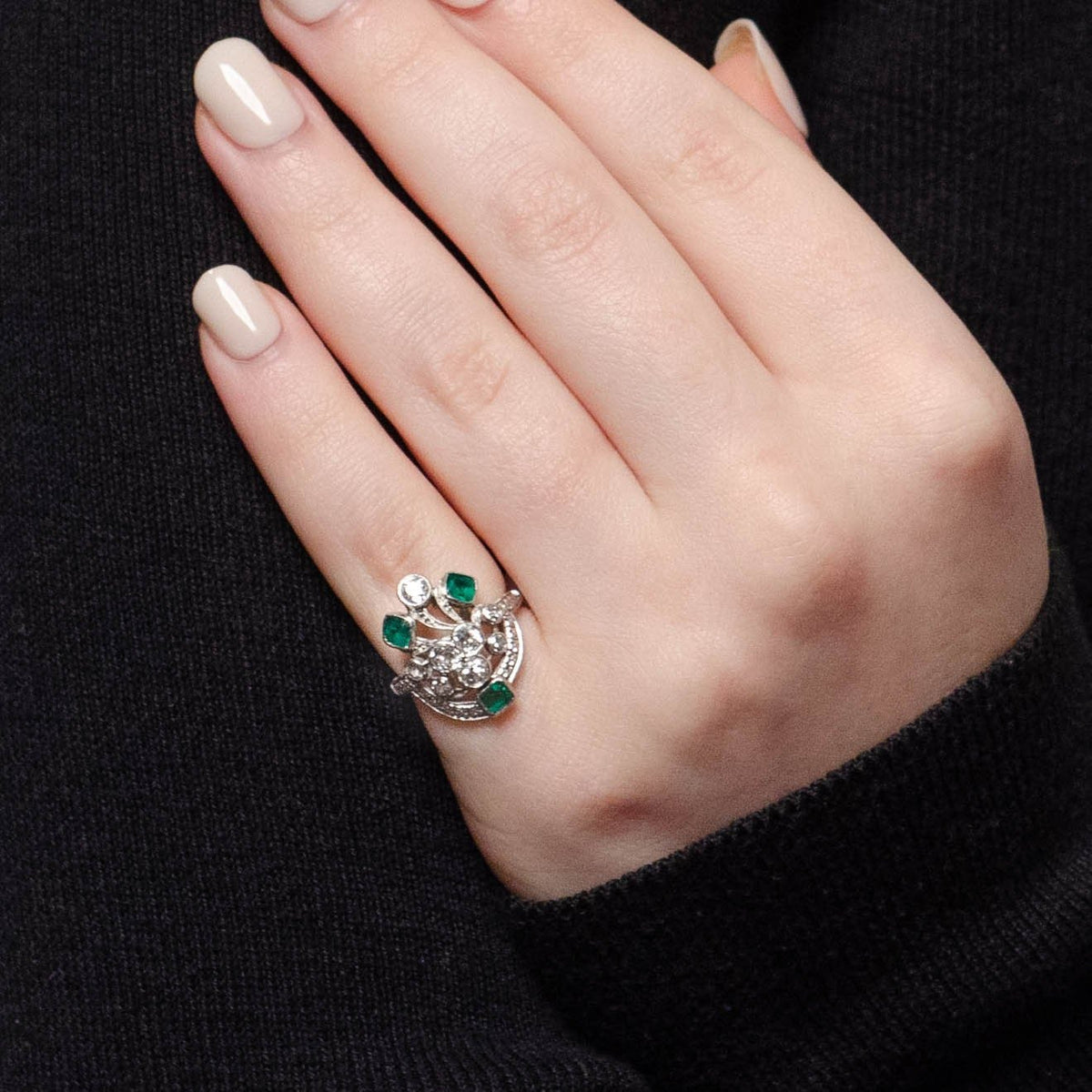 ON HOLD for D. - Vintage Art Deco Emerald and Diamond Ring of Platinum - Trademark Antiques