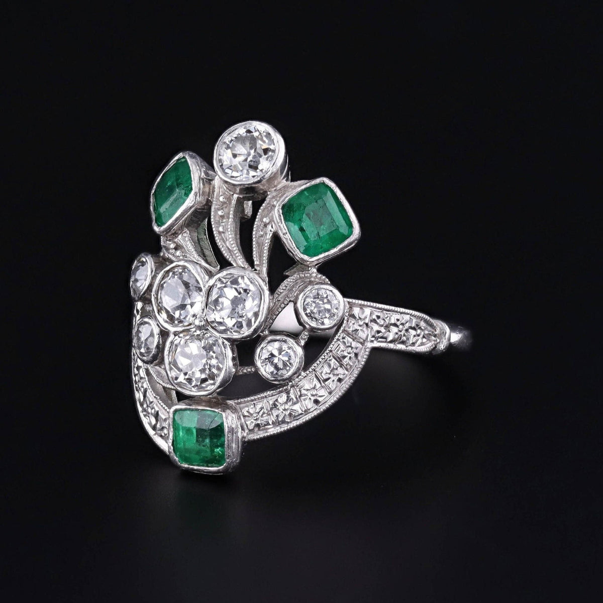 ON HOLD for D. - Vintage Art Deco Emerald and Diamond Ring of Platinum - Trademark Antiques